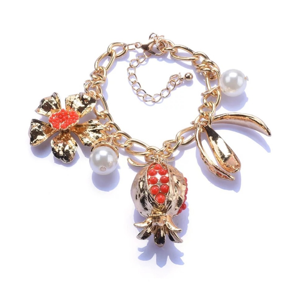 Zara Pomegranate Fruit Multi-Charm Chain Baroque Pearls Beads Bracelet